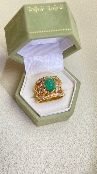 K18ゴールド＆エメラルドダイヤモンドリング｜エメラルド2.40ct、ダイヤモンド0.50ct｜日本製ヴィンテージエステートジュエリー-BPXL