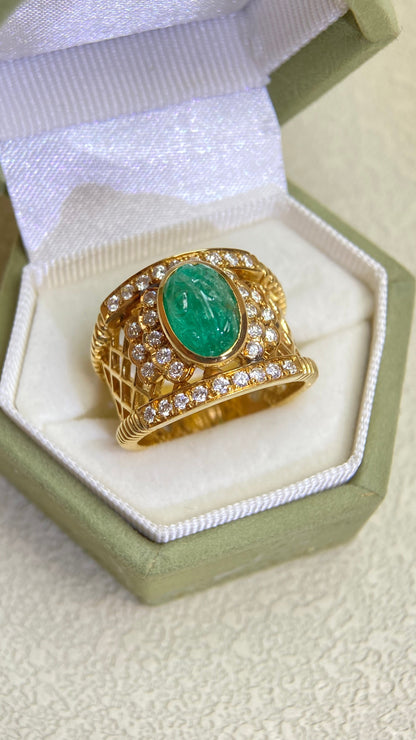 K18ゴールド＆エメラルドダイヤモンドリング｜エメラルド2.40ct、ダイヤモンド0.50ct｜日本製ヴィンテージエステートジュエリー-BPXL