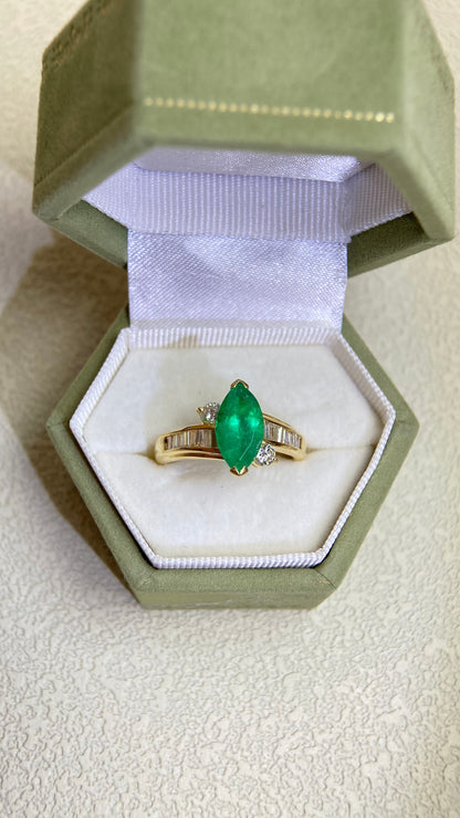 K18 Gold&Emerald Diamond Ring | Emerald 1.43ct | Diamond 0.50ct | Colombia-Vivid Green | Japanese Vintage Estate Jewelry-BPYE