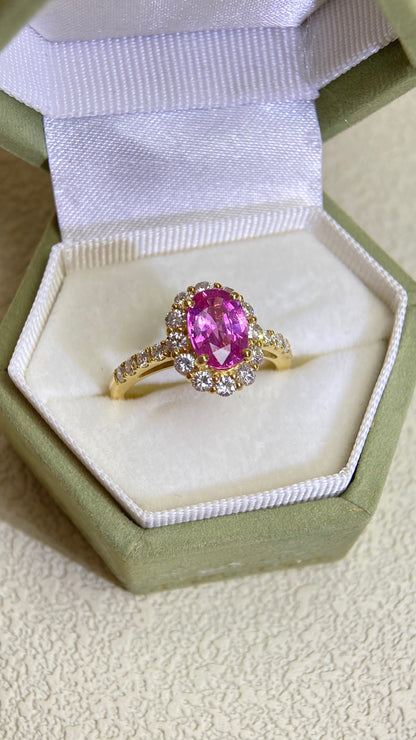 K18 Gold &Pink Sappphire and Diamond Ring | Pink Sappphire 1.526ct | Diamond 0.63ct | No Heat | Japanese Vintage Estate Jewelry-BPXP