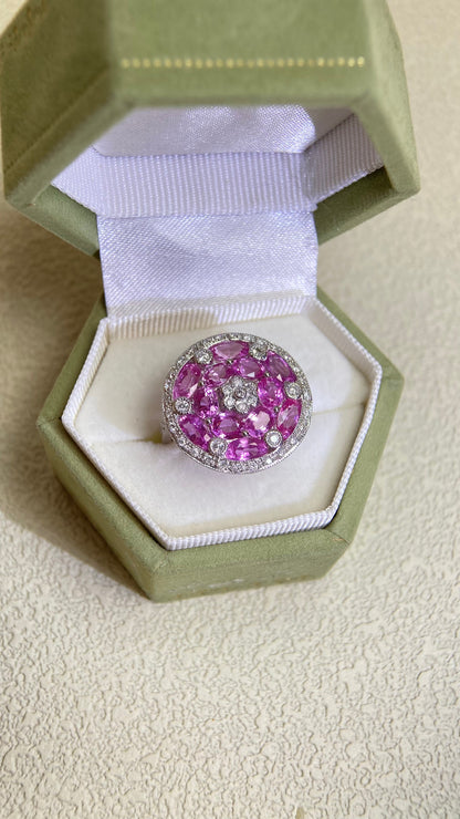 K18 White Gold &Pink Sappphire and Diamond Ring | Pink Sappphire 1.526ct | Diamond 0.63ct |  No Heat | Japanese Vintage Estate Jewelry-BPXP
