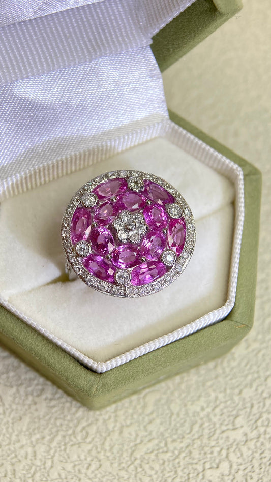 K18ホワイトゴールド＆ピンクサファイア＆ダイヤモンドリング｜ピンクサファイア3.97ct、ダイヤモンド0.28ct｜日本製ヴィンテージエステートジュエリー-BPGE