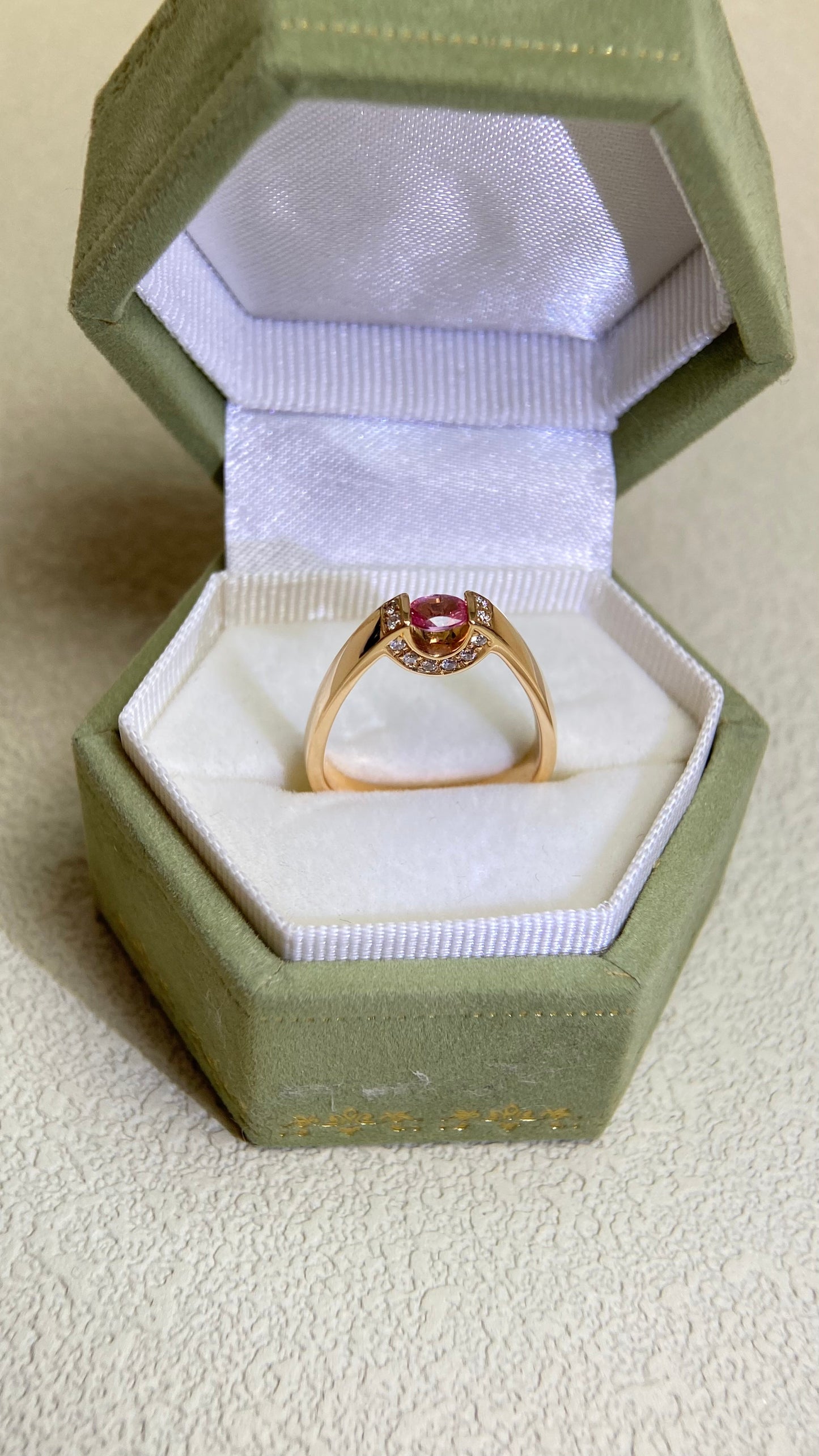 K18 Pink Gold &Padparadscha Sapphire and Diamond  Ring | Padparadscha Sapphire 0.211ct | Diamond 0.08ct | Japanese Vintage Estate Jewelry-BFYY