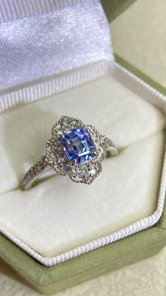 Pt900プラチナ＆サファイア＆ダイヤモンドリング｜サファイア1.38ct、ダイヤモンド0.45ct｜NH-マダガスカル｜日本製ヴィンテージエステートジュエリー-BQTX