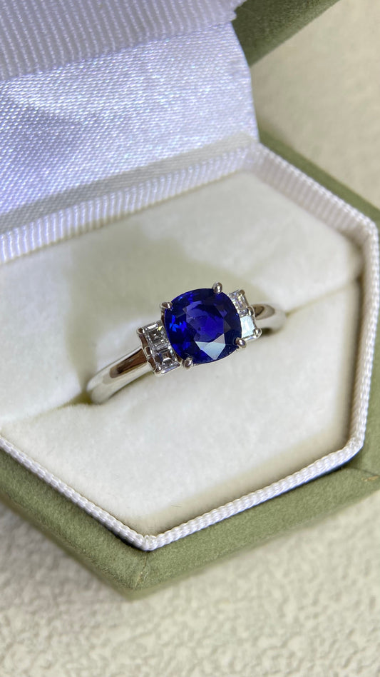 Pt900プラチナ＆サファイア＆ダイヤモンドリング｜サファイア1.072ct｜ダイヤモンド0.19ct｜NH｜日本製ヴィンテージエステートジュエリー-BHTB