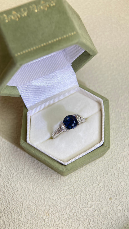 K18 White Gold&Sapphire and Diamond Ring | Sapphire 1.44ct | Diamond 0.35ct | Japanese Vintage Estate Jewelry-BKNT