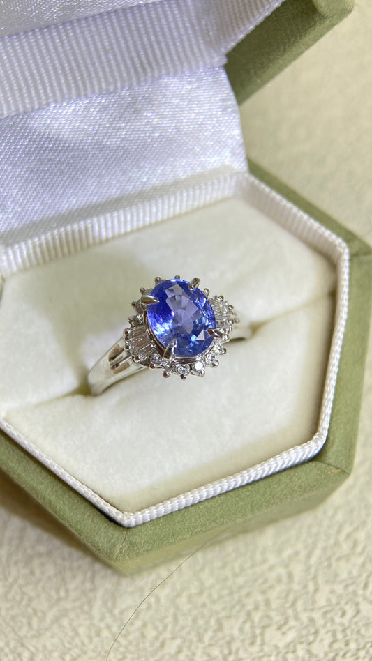 Pt850プラチナ＆サファイア＆ダイヤモンドリング｜サファイア1.37ct｜ダイヤモンド0.27ct｜NH-スリランカ産コーンフラワーブルー｜日本製ヴィンテージエステートジュエリー-BQDR