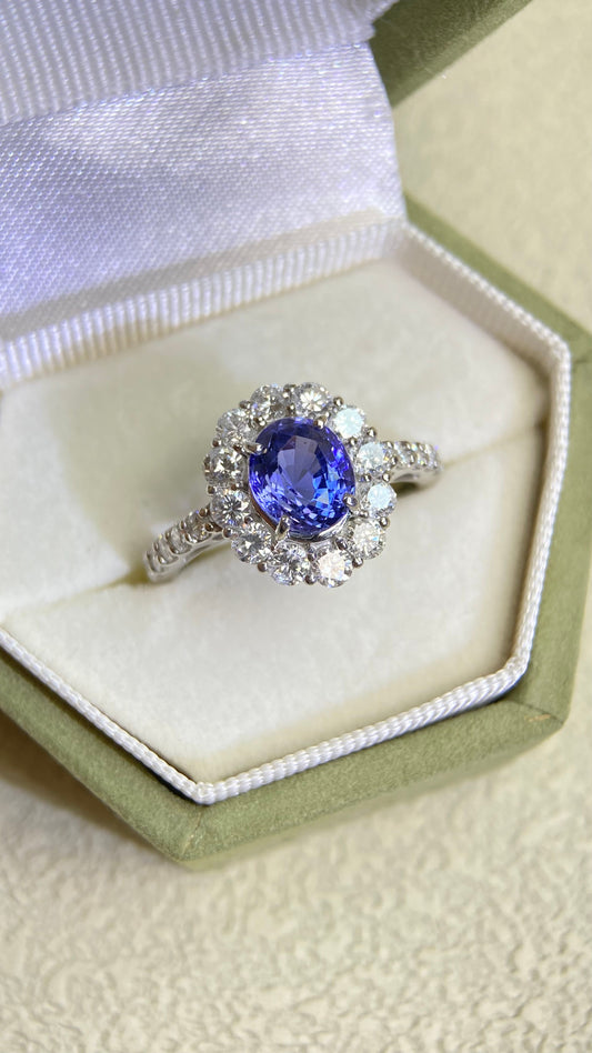 Pt950プラチナ＆サファイア＆ダイヤモンドリング｜サファイア1.54カラット｜ダイヤモンド1.01カラット｜カラーチェンジ-NH-ビルマ｜日本製ヴィンテージエステートジュエリー-BMOO