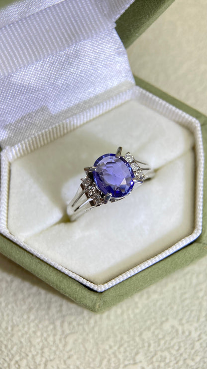 Pt850 Platinum&Sapphire and Diamond Ring | Sapphire 1.56ct | Diamond 0.11ct | No Heat | Japanese Vintage Estate Jewelry-BKRR