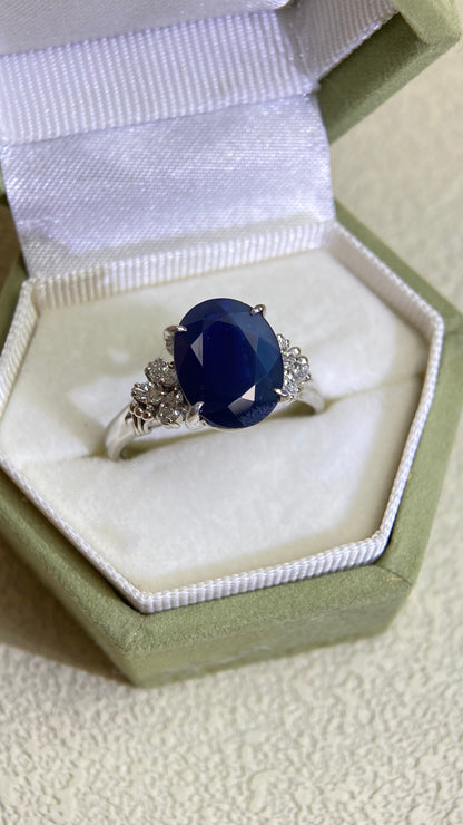 Pt900 Platinum&Sapphire and Diamond Ring | Sapphire 3.76ct | Diamond 0.24ct | Japanese Vintage Estate Jewelry-BKYY