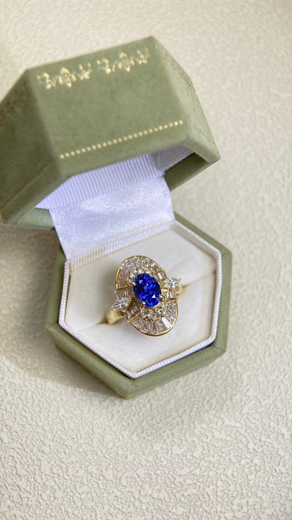 K18 Gold&Sapphire and Diamond Ring | Sapphire 1.98ct | Diamond 0.21ct/0.28ct/1.15ct | Japanese Vintage Estate Jewelry-BPMF
