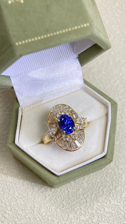 K18 Gold&Sapphire and Diamond Ring | Sapphire 1.98ct | Diamond 0.21ct/0.28ct/1.15ct | Japanese Vintage Estate Jewelry-BPMF