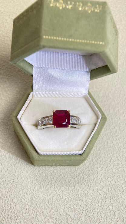 K18 Gold/PT900 Platinum&Ruby and Diamond Ring | Ruby 3.03ct | Diamond 1.02ct | Burma | Japanese Vintage Estate Jewelry-BQOC