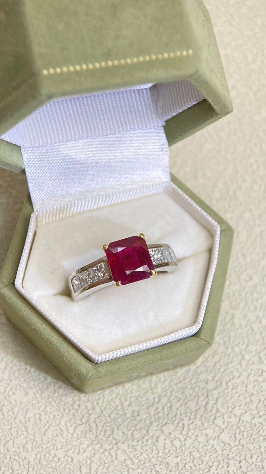 K18 Gold/PT900 Platinum&Ruby and Diamond Ring | Ruby 3.03ct | Diamond 1.02ct | Burma | Japanese Vintage Estate Jewelry-BQOC