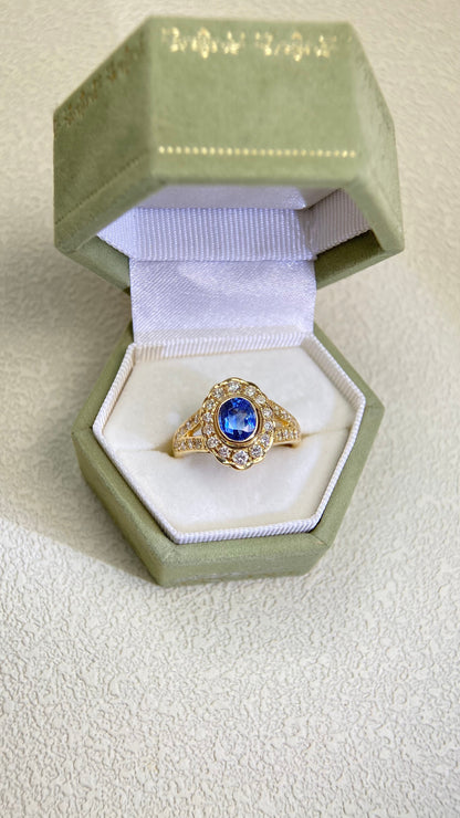 750 Gold(18K)&Sapphire and Diamond Ring | Sapphire 1.50ct | Diamond 0.05ct | Japanese Vintage Estate Jewelry-BQSN