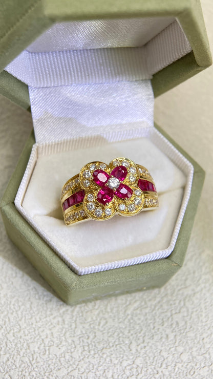 K18 Gold&Ruby and Diamond Ring | Ruby 1.80ct | Diamond 0.60ct | Japanese Vintage Estate Jewelry-BQYR