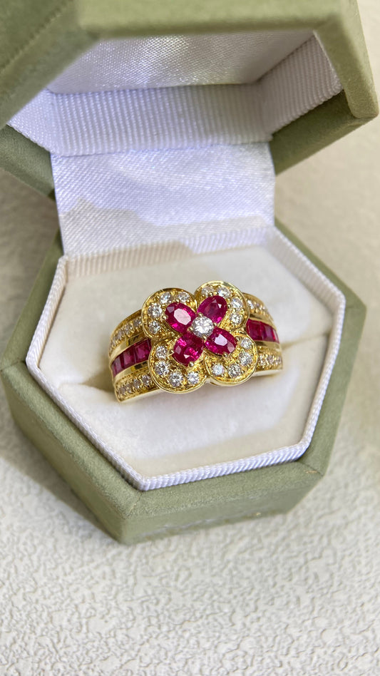 K18 Gold&Ruby and Diamond Ring | Ruby 1.80ct | Diamond 0.60ct | Japanese Vintage Estate Jewelry-BQYR