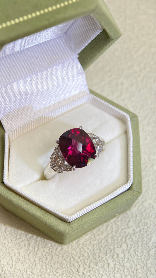 K18 White Gold&Rhodolite Garnet and Diamond Ring | Garnet 5.01ct | Diamond 0.10ct | Japanese Vintage Estate Jewelry-BPJC