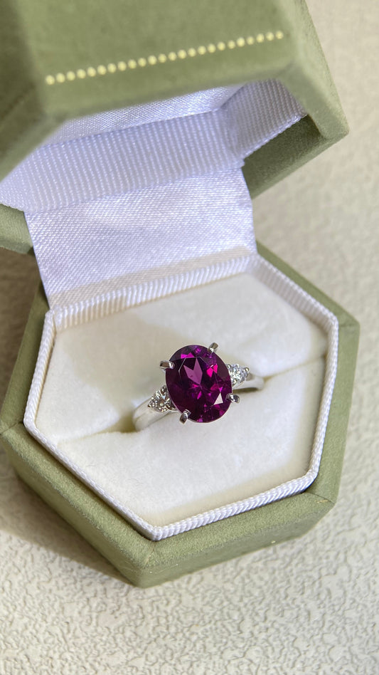 Pt900 Platinum&Rhodolite Garnet and Diamond Ring | Rhodolite Garnet 2.86ct | Diamond 0.145ct | Japanese Vintage Estate Jewelry-BPIB