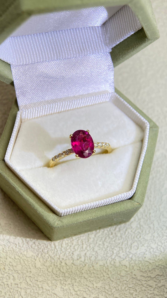 K18ゴールド＆ルベライト＆ダイヤモンドリング｜ルベライト1.10ct、ダイヤモンド0.12ct｜日本製ヴィンテージエステートジュエリー-BPDT