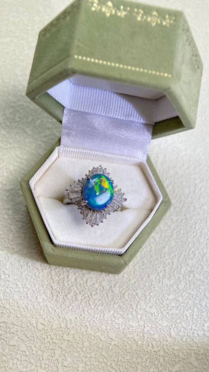 Pt900プラチナ＆ブラックオパール＆ダイヤモンドリング｜オパール1.82ct、ダイヤモンド1.27ct｜日本製ヴィンテージエステートジュエリー-BDBL