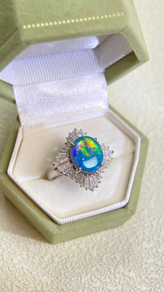 Pt900 Platinum&Black Opal and Diamond Ring | Opal 1.82ct | Diamond 1.27ct | Japanese Vintage Estate Jewelry-BDBL