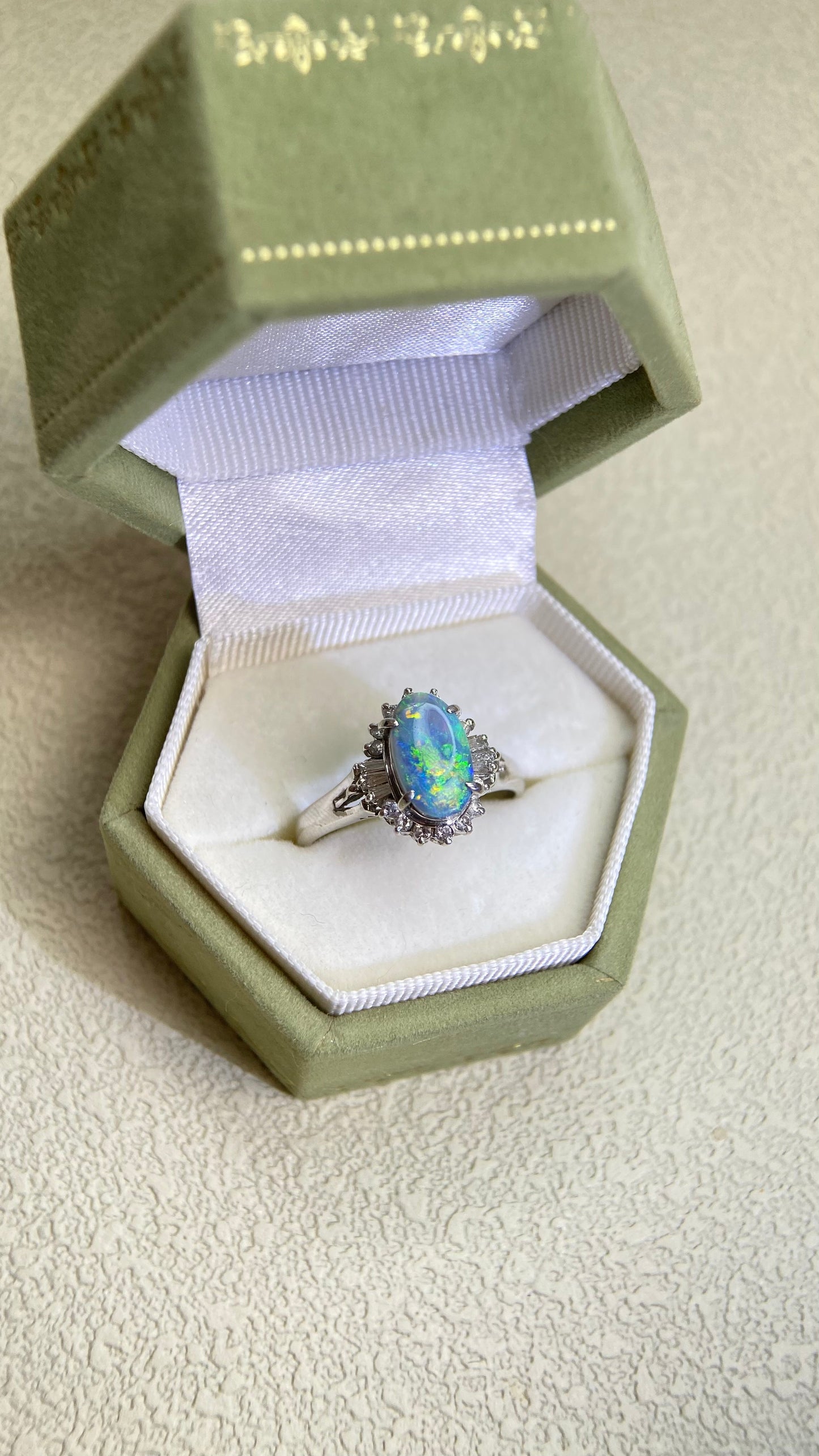 Pt900 Platinum&Black Opal and Diamond Ring | Opal 1.00ct | Diamond 0.24ct | Japanese Vintage Estate Jewelry-BPUK