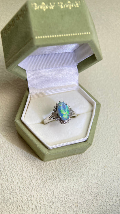 Pt900 Platinum&Black Opal and Diamond Ring | Opal 1.00ct | Diamond 0.24ct | Japanese Vintage Estate Jewelry-BPUK