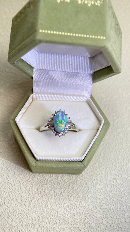 Pt900 Platinum&Black Opal and Diamond Ring | Opal 1.00ct | Diamond 0.24ct | Japanese Vintage Estate Jewelry-BPUK
