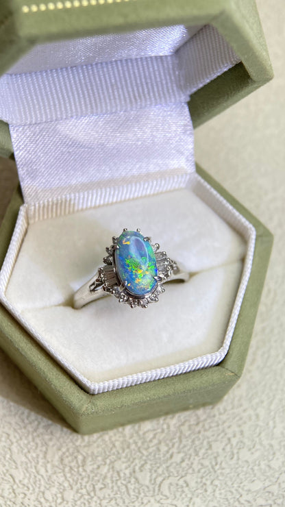 Pt900 Platinum&Black Opal and Diamond Ring | Opal 1.00ct | Diamond 0.24ct | Japanese Vintage Estate Jewelry-BPUK