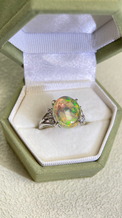 Pt900 Platinum&Opal and Diamond Ring | Opal 3.23ct | Diamond | Japanese Vintage Estate Jewelry-BBWF