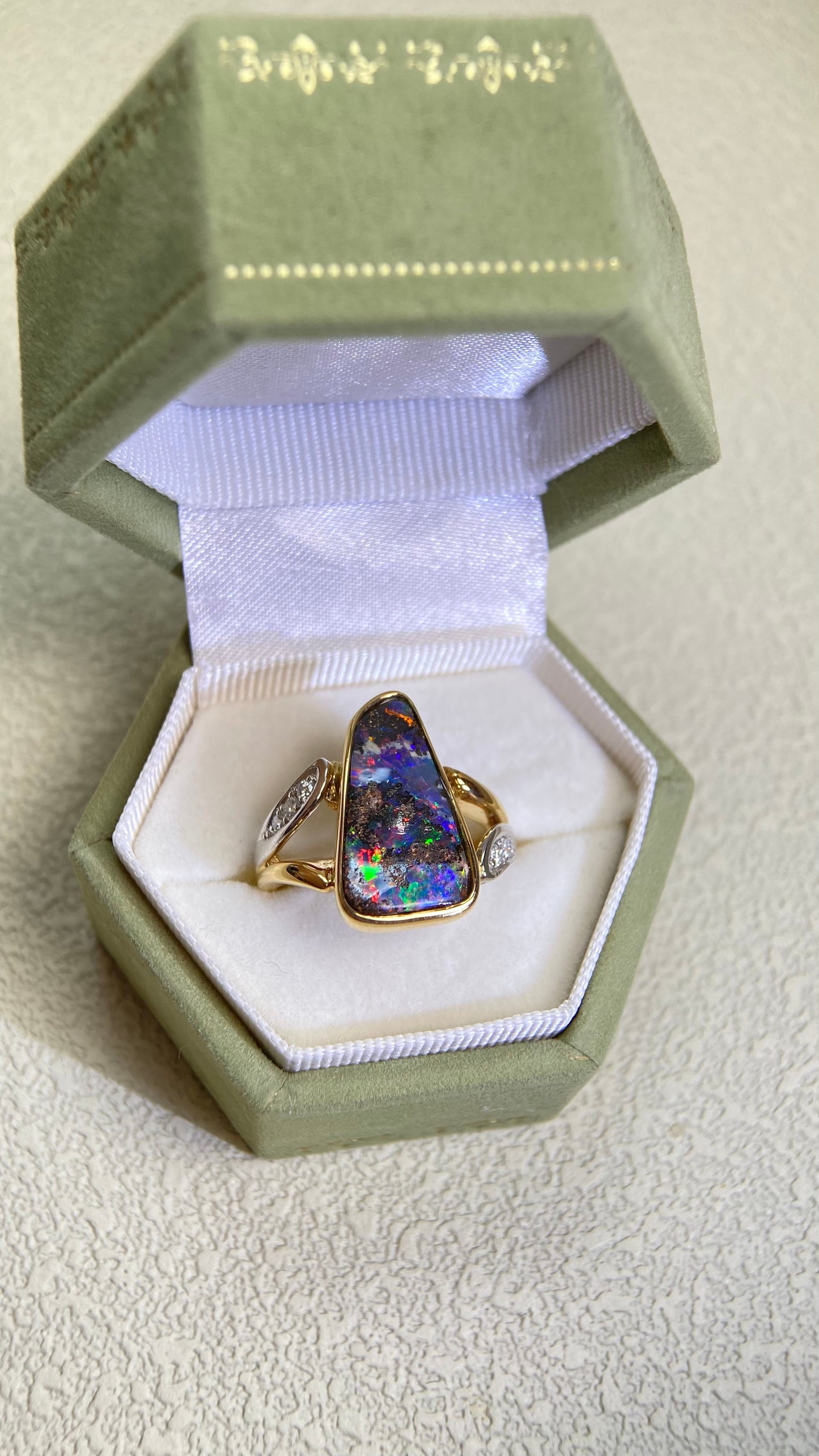 K18 Gold/Pt900 Platinum&Boulder Opal and Diamond Ring | Opal 3.08ct | Diamond 0.10ct | Japanese Vintage Estate Jewelry-BJJB