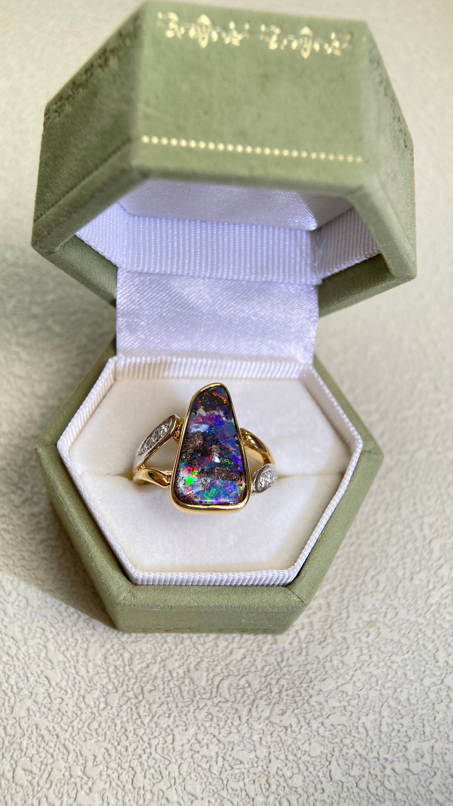K18 Gold/Pt900 Platinum&Boulder Opal and Diamond Ring | Opal 3.08ct | Diamond 0.10ct | Japanese Vintage Estate Jewelry-BJJB