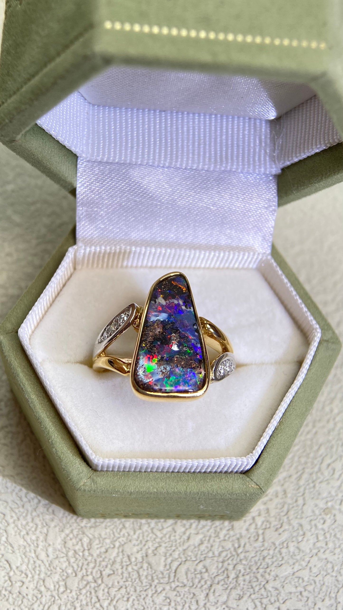 K18 Gold/Pt900 Platinum&Boulder Opal and Diamond Ring | Opal 3.08ct | Diamond 0.10ct | Japanese Vintage Estate Jewelry-BJJB