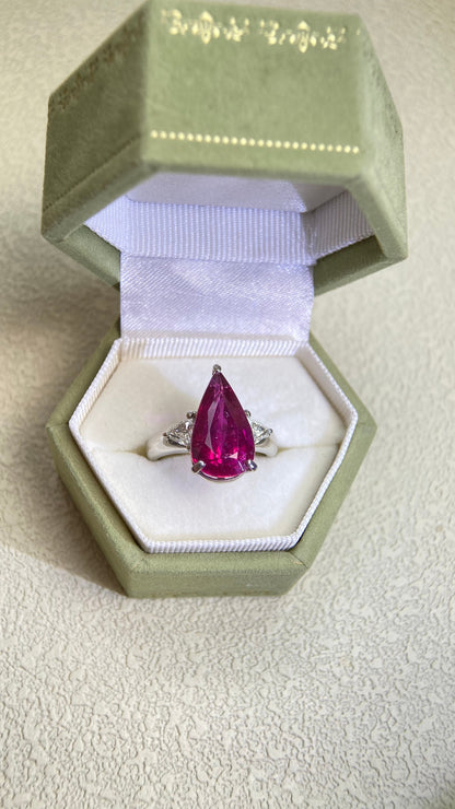 Pt900プラチナ＆ルベライト＆ダイヤモンドリング｜ルベライト4.634ct、ダイヤモンド0.41ct｜日本製ヴィンテージエステートジュエリー-BPYX