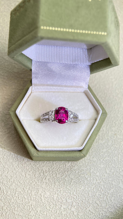 K18ホワイトゴールド＆ルベライト＆ダイヤモンドリング｜ルベライト1.20ct、ダイヤモンド0.22ct｜日本製ヴィンテージエステートジュエリー-BQII