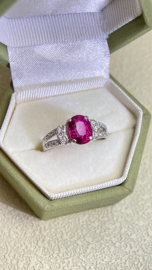 K18ホワイトゴールド＆ルベライト＆ダイヤモンドリング｜ルベライト1.20ct、ダイヤモンド0.22ct｜日本製ヴィンテージエステートジュエリー-BQII