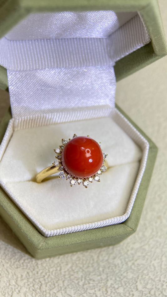 K18 Gold&Coral and Diamond Ring | Coral 10mm | Diamond 0.24ct | Japanese Vintage Estate Jewelry-BPAZ