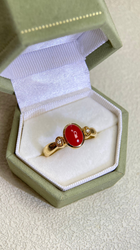 K18 Gold&Coral and Diamond Ring | Japanese Vintage Estate Jewelry-BOPT