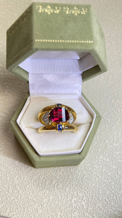K18 Gold/Pt900 Platinum&Rhodolite Garnet and Sapphire and Diamond Ring | Garnet 3.60ct | Diamond 0.19ct | Sapphire 0.34ct | Kajimitsuo | Japanese Vintage Estate Jewelry-BPRU