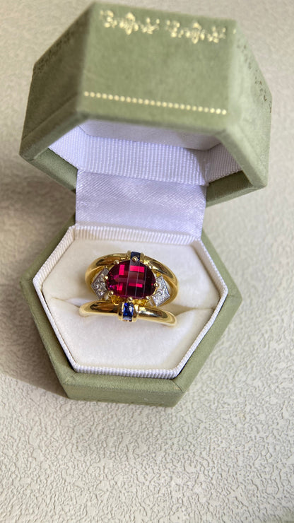 K18 Gold/Pt900 Platinum&Rhodolite Garnet and Sapphire and Diamond Ring | Garnet 3.60ct | Diamond 0.19ct | Sapphire 0.34ct | Kajimitsuo | Japanese Vintage Estate Jewelry-BPRU