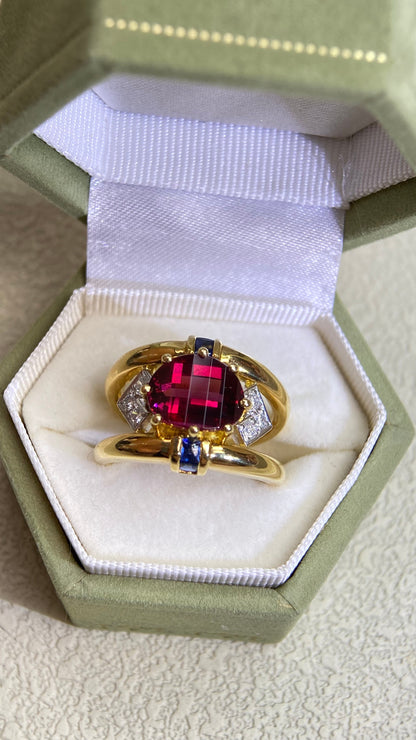 K18 Gold/Pt900 Platinum&Rhodolite Garnet and Sapphire and Diamond Ring | Garnet 3.60ct | Diamond 0.19ct | Sapphire 0.34ct | Kajimitsuo | Japanese Vintage Estate Jewelry-BPRU