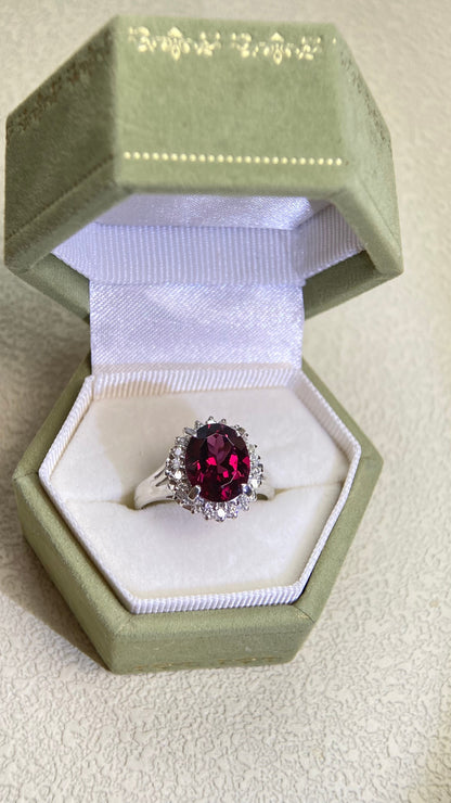 Pt900プラチナ＆ガーネット＆ダイヤモンドリング｜ガーネット3.25カラット、ダイヤモンド0.32カラット｜日本製ヴィンテージエステートジュエリー-BKPB