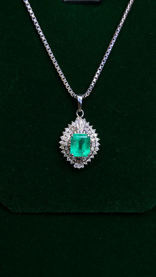 Pt900 platinum/Pt850 platinum&Emerald&Diamond Necklace| Emerald: 1.00ct｜Diamonds：0.40ct｜Japanese Vintage Estate Jewelry -BQNQ