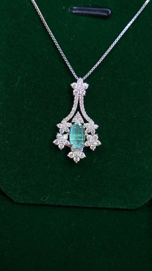 Pt900 platinum/Pt850 platinum&Emerald Cat’s eye&Diamond Necklace| Emerald Cat’s eye : 0.71ct｜Diamonds：1.00ct｜Japanese Vintage Estate Jewelry -BLPL
