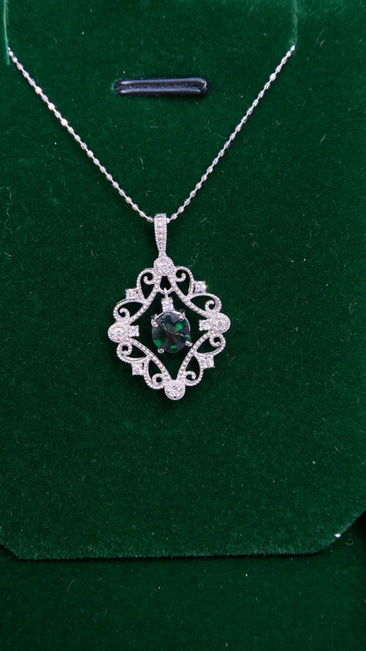 K18 White Gold&Emerald&Diamond Necklace| Trapiche Emerald: 0.57ct｜Diamonds：0.14ct｜Japanese Vintage Estate Jewelry -BPVU