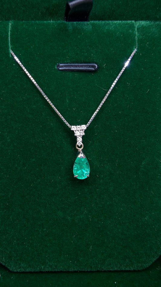 K18 White Gold&Emerald&Diamond Necklace| Emerald: 1.09ct｜Diamonds：0.10ct｜Japanese Vintage Estate Jewelry -BPTF