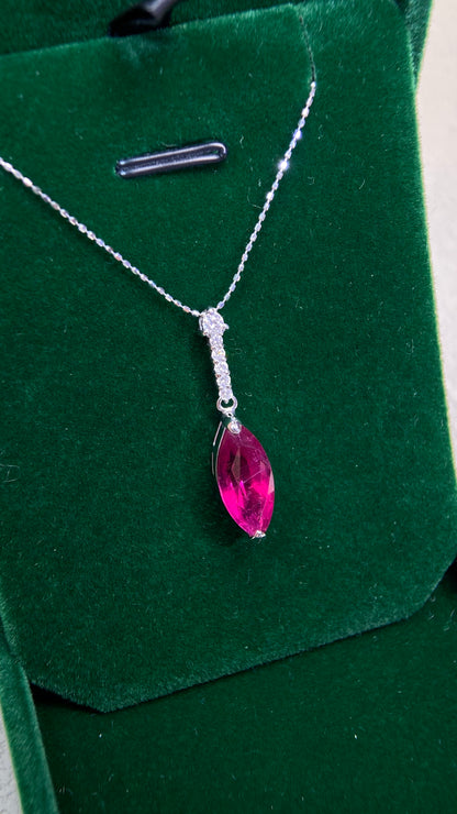 K18 White Gold&Rubellite Tourmaline&Diamond Necklace| Rubellite Tourmaline: 3.94ct ｜Diamonds：0.17ct｜Japanese Vintage Estate Jewelry -BCBN