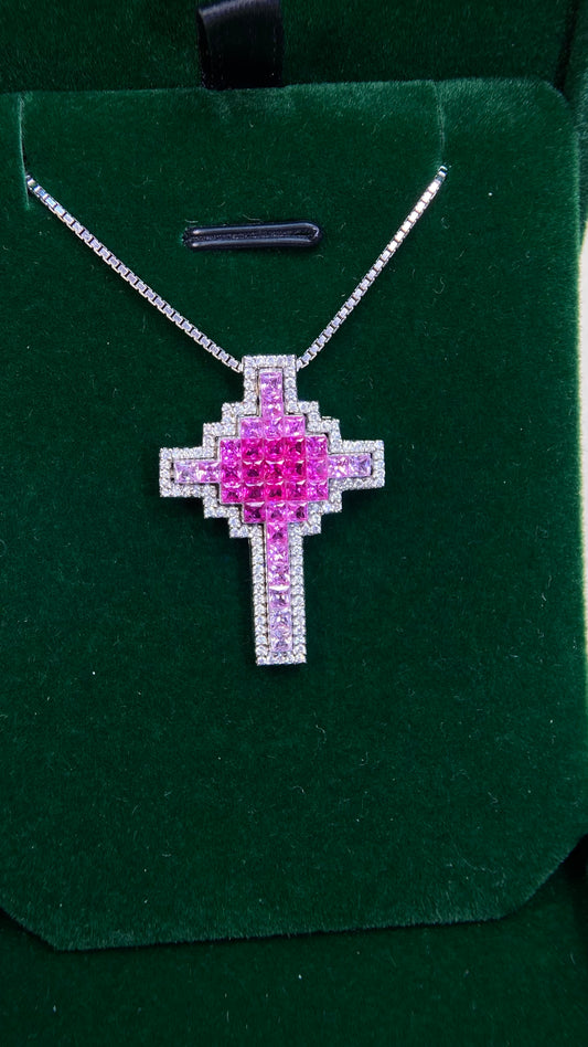 18K White Gold/K18 White Gold&Ruby&Pink Sapphire& Diamond Necklace| Rubys ｜Pink Sapphirs｜Diamonds｜Japanese Vintage Estate Jewelry -BFEV