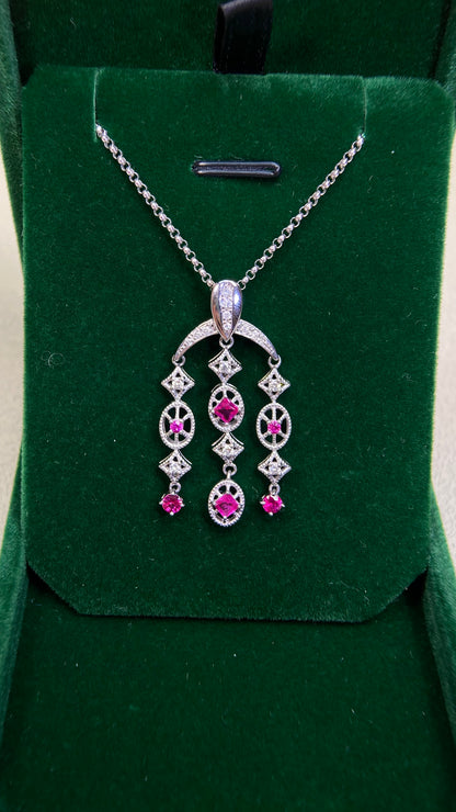K18 White Gold&Ruby &Diamond Necklace| Rubys: 0.63ct｜Diamonds: 0.20ct｜Japanese Vintage Estate Jewelry -BOTK